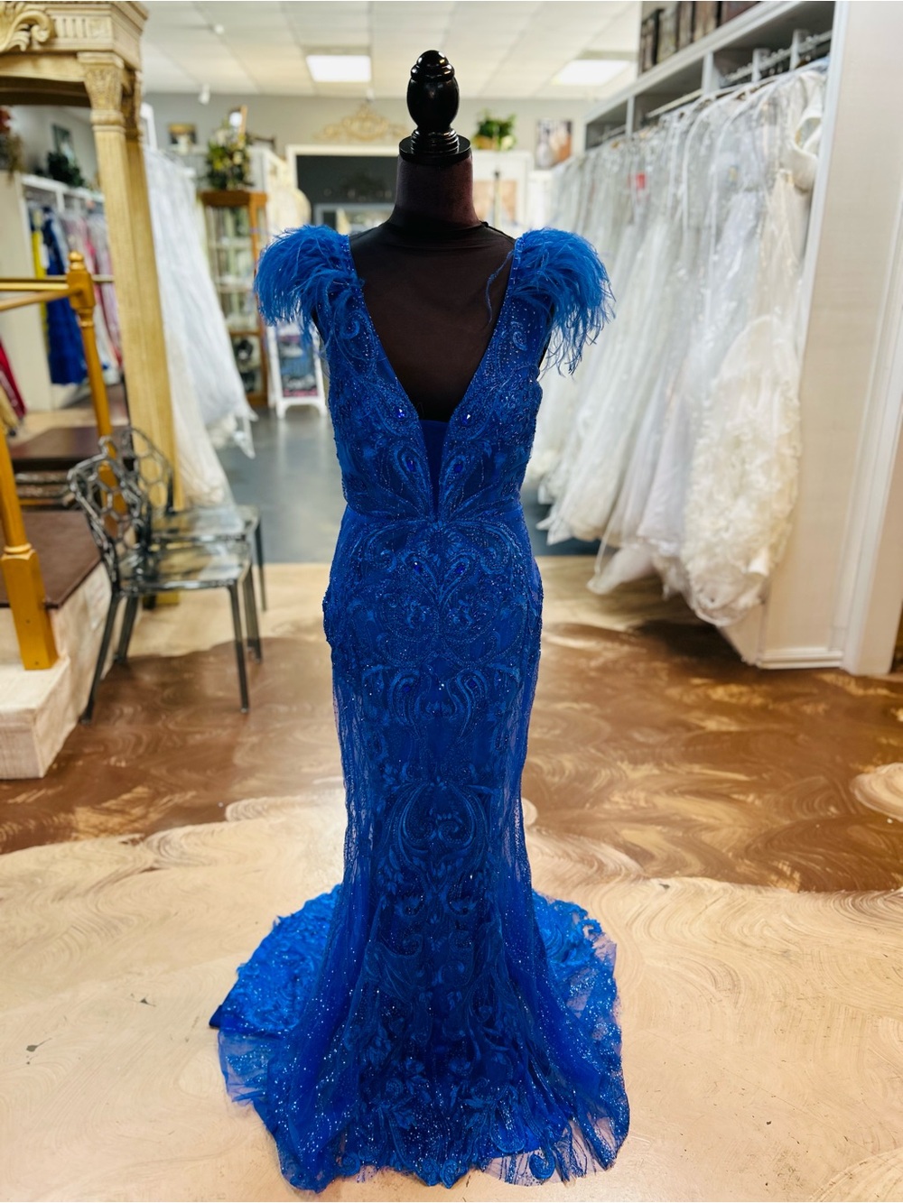 Portia and Scarlett Cobalt Blue Beaded V-Neck Gown with Feather Shoulders